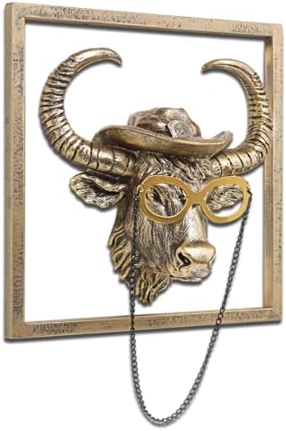 JJALIGHTS Exquisite Resin Animal Head Wall Sculpture (Gift Metal Frame) - Imitation Copper Vintage Decor for Living Room, Bedroom & Office | Decorative Wall Hanging Art (Bison) - Image 2