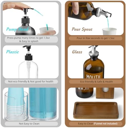 Amber Glass Mouthwash Dispenser for Bathroom, 16 OZ Mouthwash Dispenser with Pour Spout and Acacia Wood Cup Holder and Tray, Mouth Wash Bottle Container for Kitchen Bathroom Decor and Accessories - Image 4