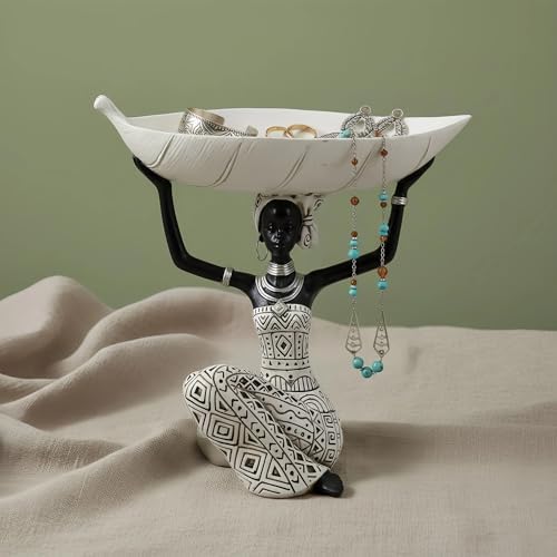 Lescafita African Woman Bowl Statue White Leaf Figurine - Image 2