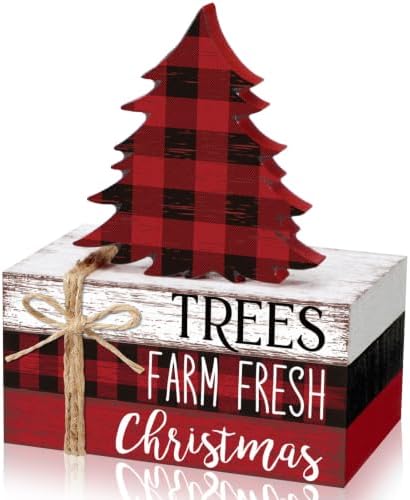 Geelin 4 Pcs Christmas Buffalo Plaid Table Decoration Wood Book Stack Signs by Geelin