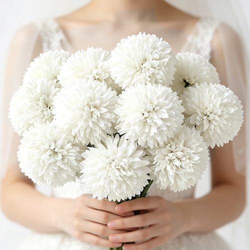 Tinsow 12PCS Artificial Ball Chrysanthemum Faux Flowers Bouquet White - Image 5