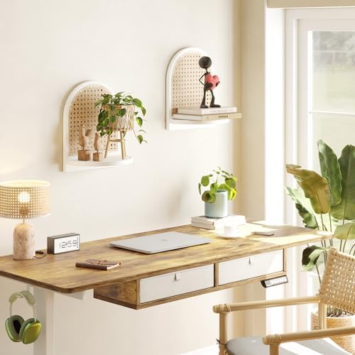 Rattan Shelf Set of 2, 7''White Rattan Shelf with Wicker Decor, Boho Wall Decor Small Floating Shelf for Plant Figurines Display, Mini Shelves for Knick Knack Storage - Image 4