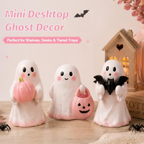 Halloween Ghost Decor, 3 Pcs Cute Pink Resin Ghost Figurines with Pumpkin, Candy Bowl & Bat, Small Halloween Decorations Indoor, Spooky Home Decor for Table, Shelf, Tiered Tray & Mantel - Image 4