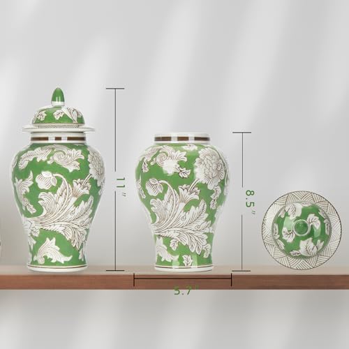 11″ Green Ginger Jar Traditional Peony Temple Jar Home Accent Piece - Image 6