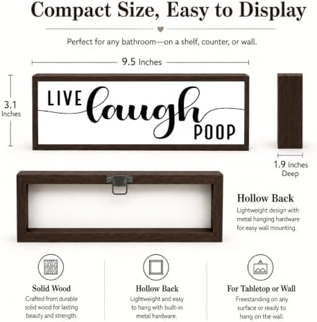Bathroom Wooden Sign, Live Laugh Poop, Funny Farmhouse Bathroom Wall Decor, Humorous Solid Wood Walls Accent for Guest Bath Display, Modern Bathrooms Wall Sign, Bathrooms Decor Gift, 9.5 x 3.1 Inches - Image 6
