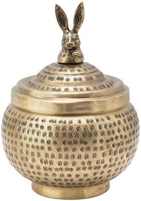 Round Hammered Metal Container with Rabbit Finial, Brass Finish by Unknown