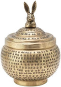 Round Hammered Metal Container with Rabbit Finial, Brass Finish by Unknown