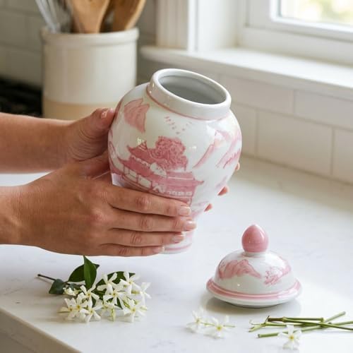 Galt International 8" Ceramic Ginger Jar w/Lid - Classic Chinese Style Porcelain Jar Tea Storage for Home Decor Decorative Centerpiece Vintage Accent Antique Vase Jingdezhen (Pink & White) - Image 3