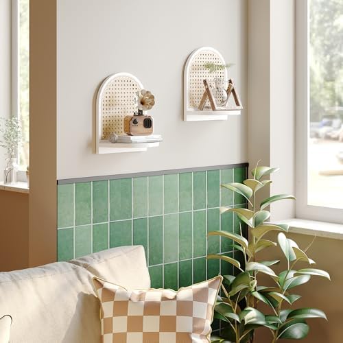 Rattan Shelf Set of 2, 7''White Rattan Shelf with Wicker Decor, Boho Wall Decor Small Floating Shelf for Plant Figurines Display, Mini Shelves for Knick Knack Storage - Image 7