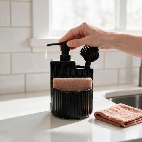 RQYIXI 3-in-1 Ceramic Round Soap Dispenser with Sponge Holder,Black,18 Oz - Image 6