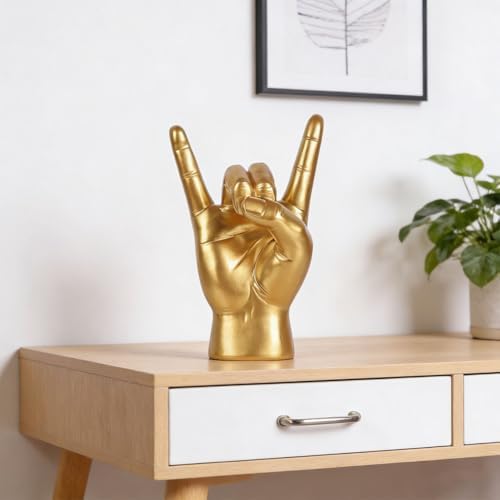 QIANLING 7.7" Gold Rock On Hand Statue, Modern Hand Gesture Sculpture, Rock Music Room Decor, Heavy Metal Party Accent Tabletop Figurine for Desk, Bookshelf, Mantel & Home Office - Image 5