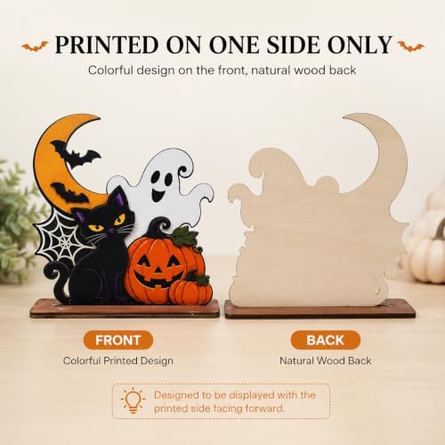 Halloween Wooden Tabletop Decoration, Cute Ghost Pumpkin Black Cat Decor, Spooky Fall Shelf Sign for Home Mantel Desk Office and Halloween Party - Image 3