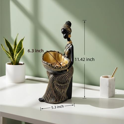 Lescafita African Lady Decorative Bowl Statue Black Gold Figurine - Image 3