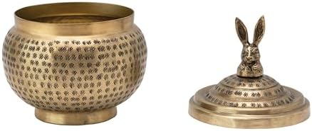 Round Hammered Metal Container with Rabbit Finial, Brass Finish - Image 4