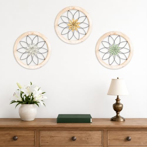 Paquesta 3 Piece Round Farmhouse Wall Decor with 6 Piece Interchangeable Flowers 12'' Medallion Wood & Metal Rustic Wall Art for Living Room Bedroom Kitchen Bathroom Dining Room Home Decorations - Image 6
