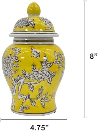 8" Ceramic Ginger Jar w/Lid - Classic Chinese Style Porcelain Jar Tea Storage for Home Decor Decorative Centerpiece Vintage Accent Antique Vase Jingdezhen (Yellow) - Image 2
