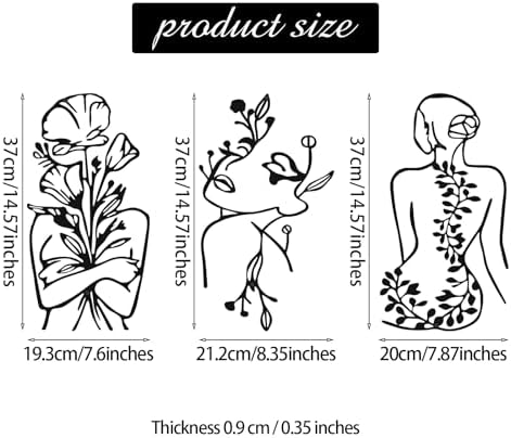 Photect 3 Pcs Metal Wall Art Minimalist Woman Line Decor, Plant, Black - Image 3
