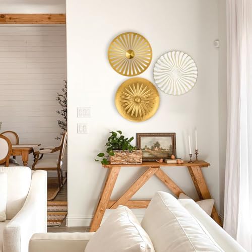 Briful 12" Wall Décor Pack of 3 Metal Gold & White Washed Starbursts Radial Plate Wall Art Modern Accent Hanging Wall Decorations For Home Office Bedroom Or Living Room Wall Sculptures - Image 6