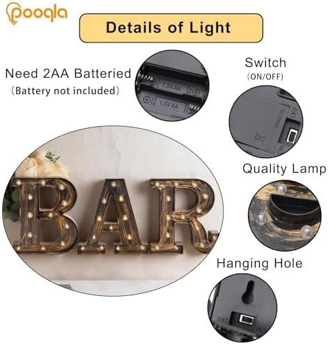 Pooqla BAR Sign for Home Bar Decor, Vintage LED Light Up Bar Sign - Image 3