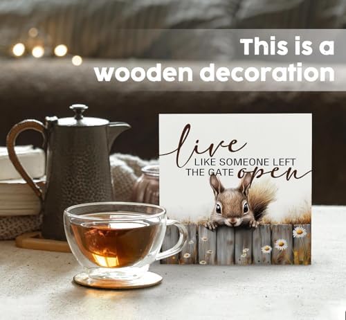 Squirrel Sign - Squirrel Gifts For Women, Live Like Someone Left The Gate Open Wooden Box Signs, Farmhouse Wood Decoration Home Decor For Desk Table Shelf 8x8 Inch Decorative Signs & Plaques - Image 2