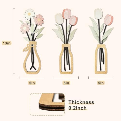 puthiac Wooden Floral Vase Wall Art Decor Set of 3, Spring Tulip & Daisy - Image 5