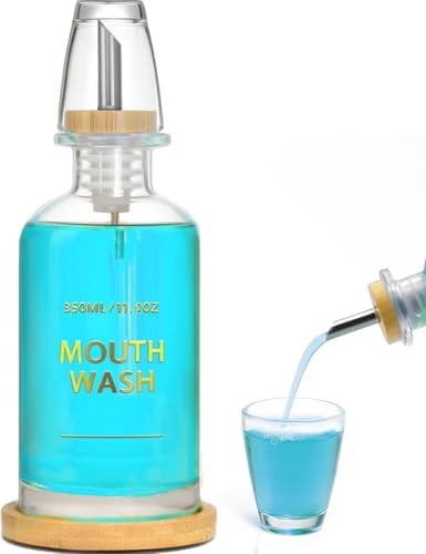 Mouthwash Dispenser for Bathroom 11.8oz – Clear Glass Mouthwash Bottle with Bamboo Tray, Silicone Base, Gold Hot-Stamped Lettering, Refillable Mouthwash Container for Bathroom (Clear) by Ledanba