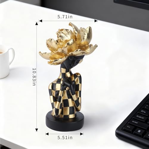 Lescafita African Woman Sculpture with Golden Flower Headpiece – Black and Gold Resin Figurine for Home Decor, Elegant African Lady Statue, Modern Ethnic Art Ornament, Gift for Women - Image 3