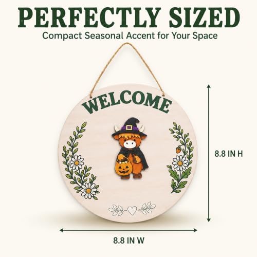 Highland Cow Decor with Seasonal Accents, Interchangeable Welcome Sign for Front Door, 8.8 Inch Welcome Porch Sign, Fall & Halloween Welcome Sign for Home - Image 2