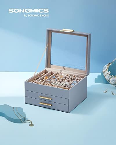 SONGMICS Jewelry Box Organizer, 3-Layer Storage with 2 Drawers, Glass Lid - Image 2