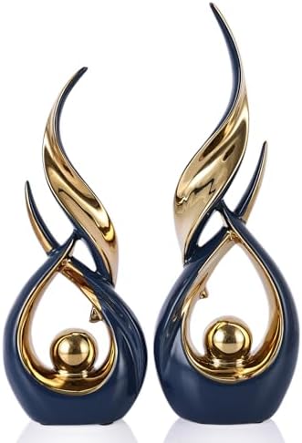 2 PCS Blue Gold Ceramic Statues For Home Decor Accents, Modern Abstract Art Sculptures, Elegant Tabletop Decorative Objects For Dining Room, Entryway, Tv Stand, Mantel, Coffee Table Centerpieces by LINYTHER