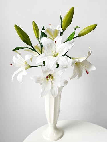 JINWOE 2 Pcs White Stargazer Lily Artificial Flowers, 28" Long Stem Faux Latex Tiger Lily for Home Garden Kitchen Table Flower Arrangement Decor by JINWOEArtificialFlowers