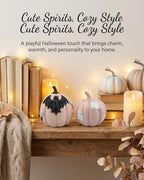 GoGnome Halloween Decorations Pumpkin Figurines Set of 2, Cute Resin Shelf Mantel Tiered Tray Decor with Bat and Ghost Designs (Pink Pumpkins) - Image 5