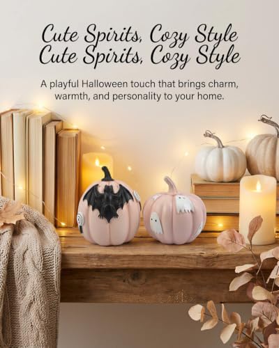 GoGnome Halloween Decorations Pumpkin Figurines Set of 2, Cute Resin Shelf Mantel Tiered Tray Decor with Bat and Ghost Designs (Pink Pumpkins) - Image 5