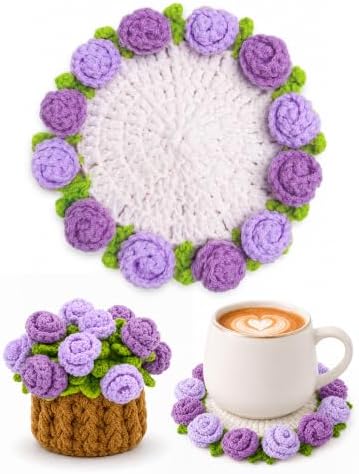 Crochet Flower Bouquet Coasters, Cotton Rose Gifts for Home Decor 4Pcs by KQJS