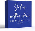God Is Within Her Bible Verse Artwork Blue Wood Box Sign Rustic Farmhouse Style Psalm 46 : 5 Christian Wood Block Plaque 5 X 5 Inches Home Office Desk Sign Decor for Presents by ENGVZ