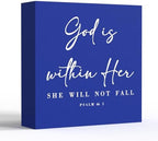 God Is Within Her Bible Verse Artwork Blue Wood Box Sign Rustic Farmhouse Style Psalm 46 : 5 Christian Wood Block Plaque 5 X 5 Inches Home Office Desk Sign Decor for Presents by ENGVZ