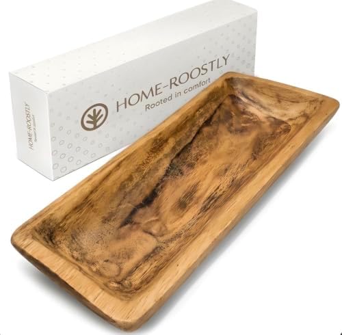 Long Wooden Dough Bowl Centerpiece, 20" Oblong Decorative Wood Bowl for Coffee Table, Dining Table & Entryway Decor, Rustic Farmhouse Style by HOME-ROOSTLY