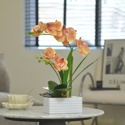 Artificial Real Touch Orchid Flowers with White Ceramic Vase, Orange - Image 4