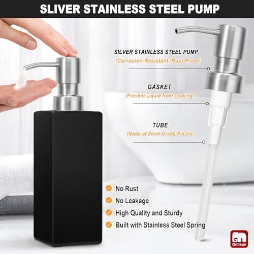 GMISUN Black Soap Dispenser Bathroom, Glass Hand Soap Dispenser with Stainless Steel Pump, 12 fl oz/350ml Refillable Dish Dispensers for Kitchen, Modern Liquid Lotion Bottles for Bathroom Countertop - Image 3