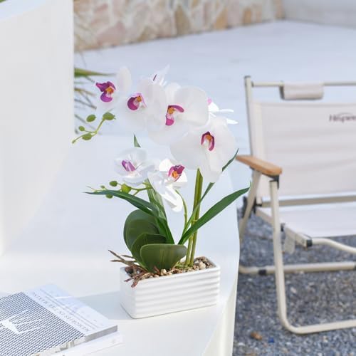 Artificial Real Touch Orchid Flowers with White Ceramic Vase, White - Image 7