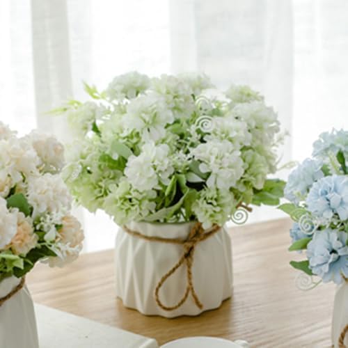 TKAS Fake Flowers Arrangement in Ceramic Vase, Artificial Faux Silk Hydrangea, Small Realistic Dried-Style Floral, Dining Table Centerpiece for Wedding Party Home Decoration (Green) - Image 4