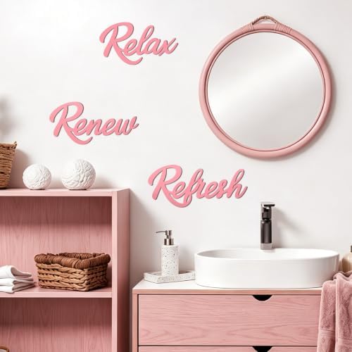 3 Pieces Bathroom Wall Decor Wooden Relax Renew Refresh Sign (Pink) - Image 4