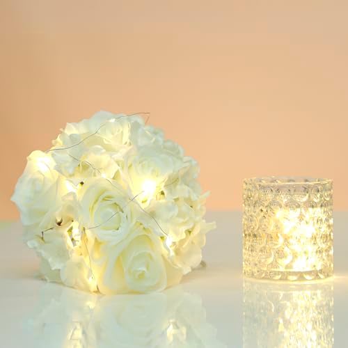 Rose Silk Flower Arrangement Artificial Vivid Rose in Glass Vase with LED Light Elegant Centerpiece for Home Wedding Bathroom Table Shelf Decoration (Pure White) - Image 7