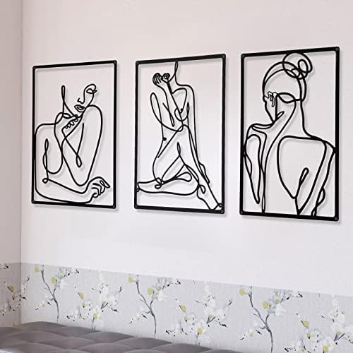 CHENGU 3 Pieces Metal Minimalist Abstract Woman Wall Art Line Drawing Wall Art Decor Single Line Female Home Hanging for Kitchen Bathroom Living Room by CHENGU
