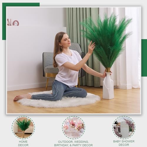 7 Pcs 45" Faux Pampas Grass – Fluffy Artificial Pompous Grass for Tall Floor Vase, Non-Shedding Home Decor, Boho Wedding Flowers, Baby Shower Centerpieces, Bedroom & Living Room Decor (Green) - Image 3
