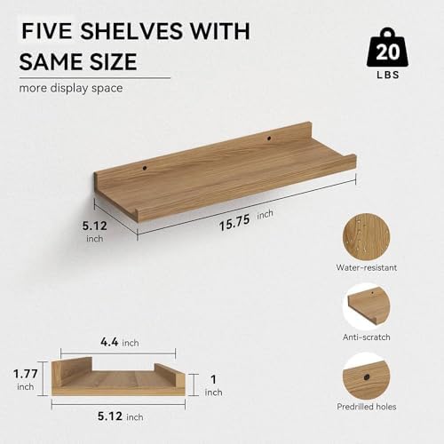 RICHER HOUSE 5-Set Floating Shelves with Lip, Oak Wall Mounted Wood Shelf - Image 3