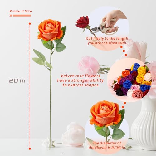 12 Pcs Artificial Rose Flowers, Silk Roses with Long Stems, Realistic Fake Roses for Wedding Centerpiece Party Home and Office DIY Decor, Orange - Image 2