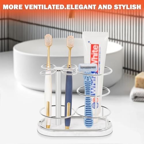 Toothbrush Holder Stand for Bathroom, Metal Toothbrush Organizer with Marble Base, Toothbrush Storage Collection for Family, Suitable for Home Hotel Countertop Vanity (Medium, Chrome Finish) - Image 4