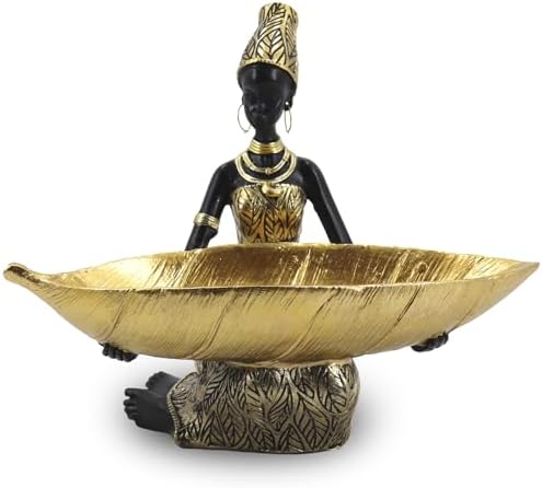 Lescafita African Woman Tray Statue Gold Leaf Decorative Figurine by LESCAFITA