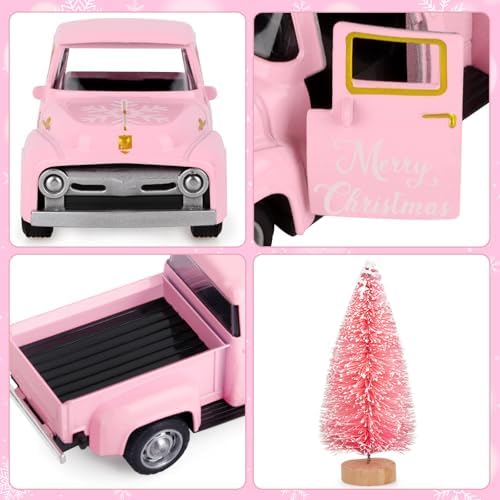 Christmas Metal Truck Decor with Pink Christmas Tree Mini Metal Farm Truck Farmhouse Tiered Tray Decor for Home Kitchen Tabletop Ornament Home Kitchen Table Decorations - Image 7